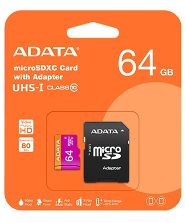 کارت حافظه‌ microSDXC ای دیتا مدل Premier کلاس 10 استاندارد UHS-I U1 سرعت 80MBps ظرفیت 64 گیگابایت به همراه آداپتور SD