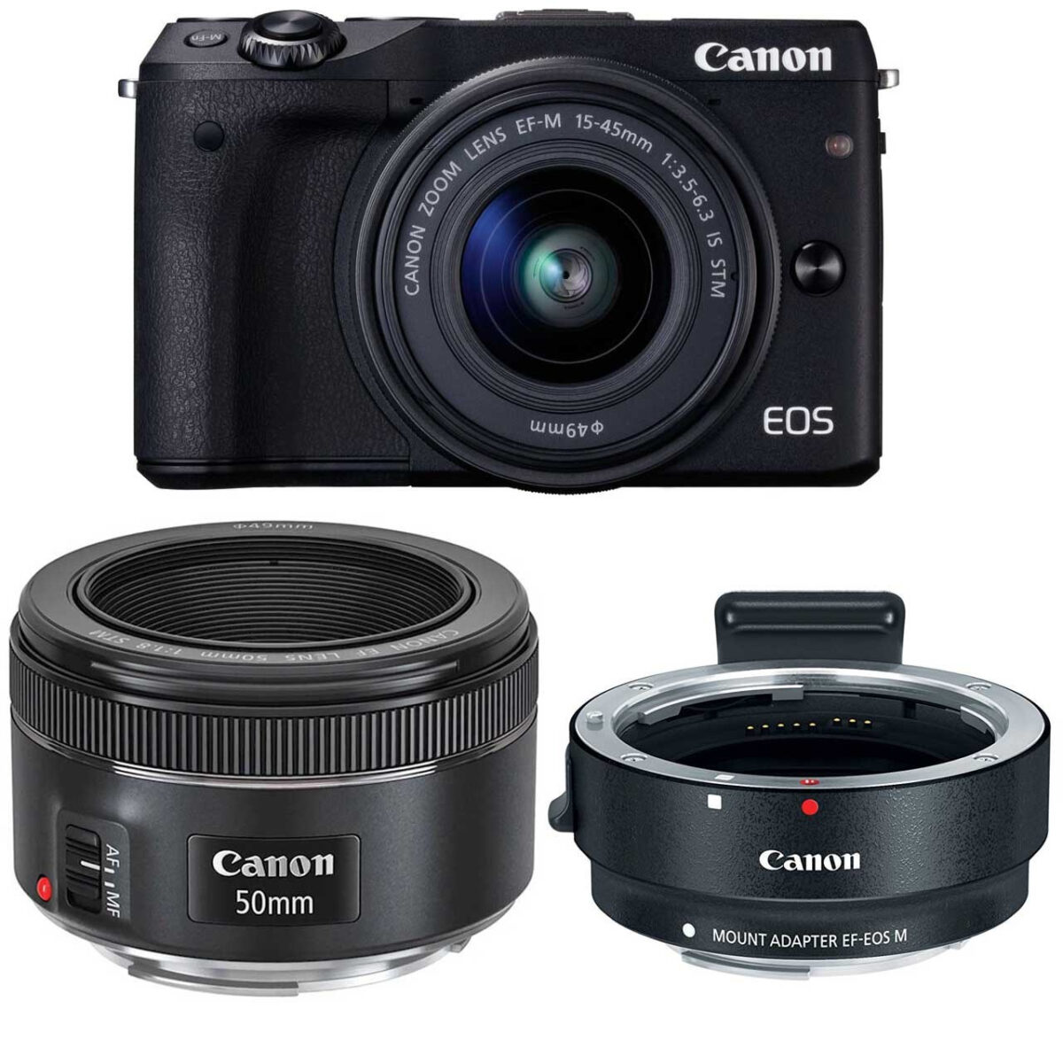 دوربین دیجیتال بدون آینه کانن مدل EOS M3 به همراه لنز 45-15 EF-M و EF 50mm f/1.8 STM میلی متر و آداپتور لنز کانن Mount Adapter EF-EOS M