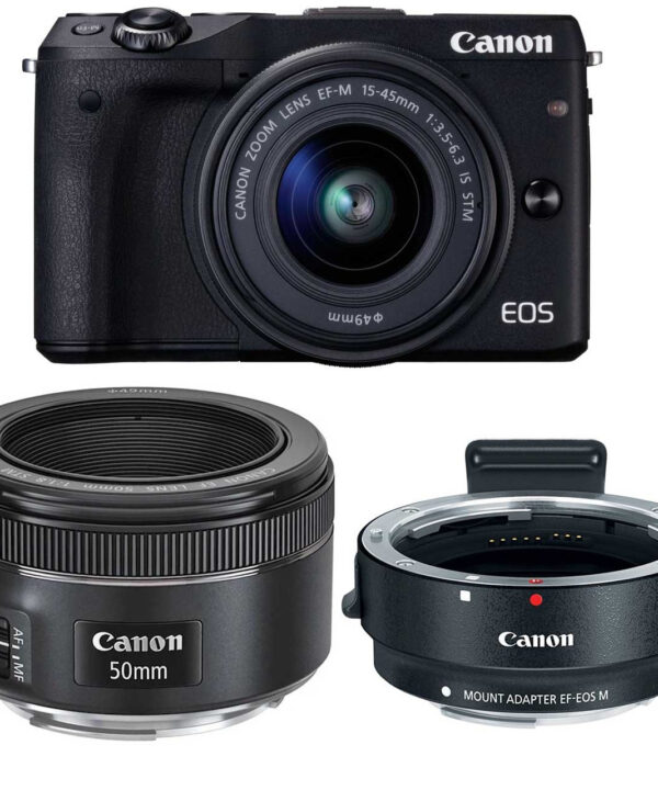 دوربین دیجیتال بدون آینه کانن مدل EOS M3 به همراه لنز 45-15 EF-M و EF 50mm f/1.8 STM میلی متر و آداپتور لنز کانن Mount Adapter EF-EOS M