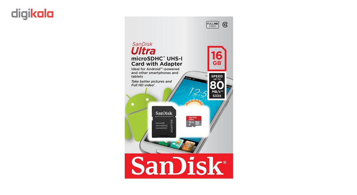 کارت حافظه microSDHC سن دیسک مدل Ultra کلاس 10 استاندارد UHS-I U1 سرعت 80MBps همراه با آداپتور ظرفیت 16 گیگابایت