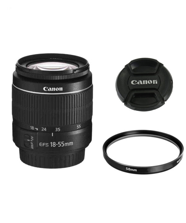 لنز دوربین کانن مدل  لنز کانن EF-S 18-55mm f/3.5-5.6 III به همراه فیلتر یو وی 58 کانن و درب 58 کانن