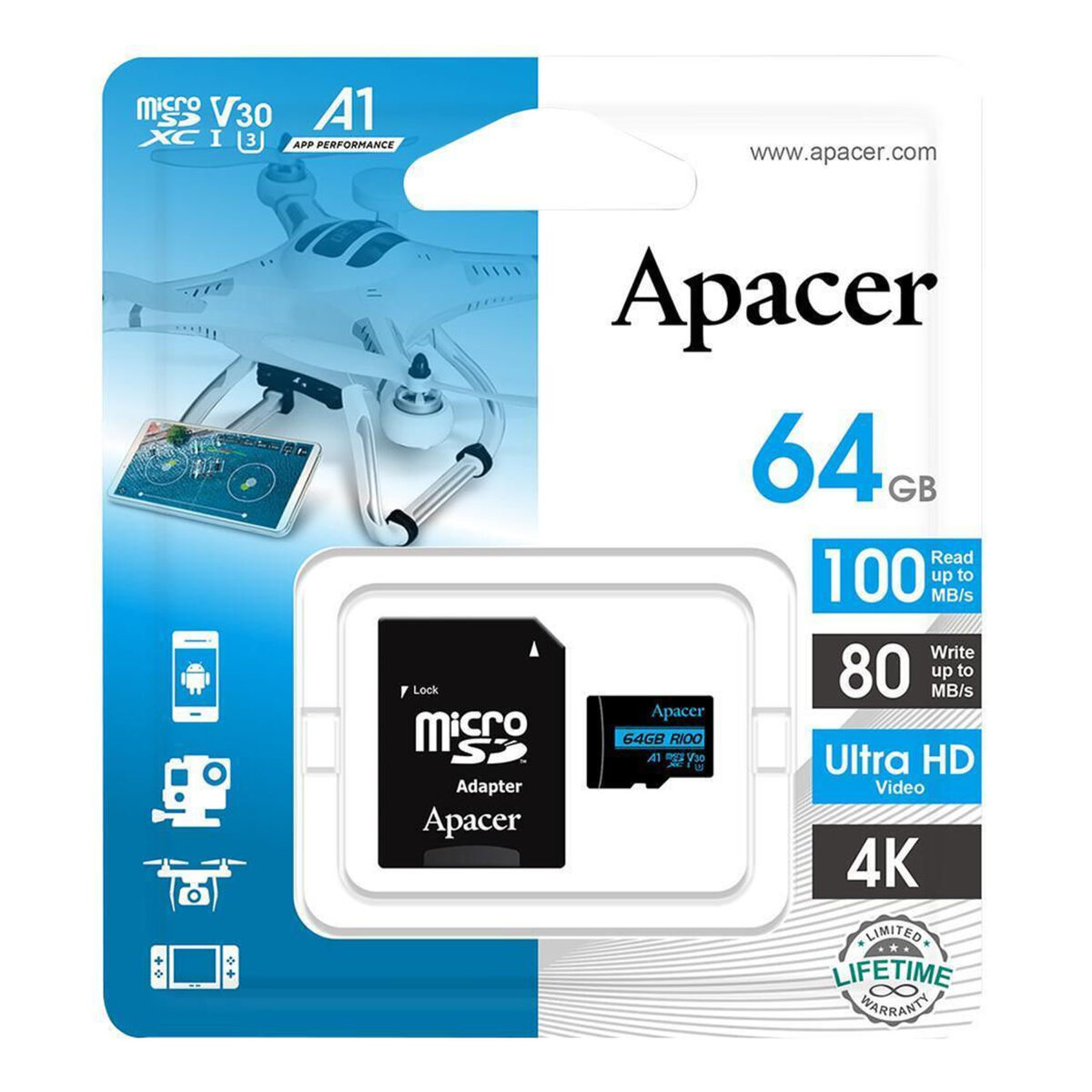 کارت حافظه microSDXC اپیسر مدل V30 کلاس 10 استاندارد UHS-I U3 سرعت 100MBps ظرفیت64گیگابایت به همراه آداپتور SD
