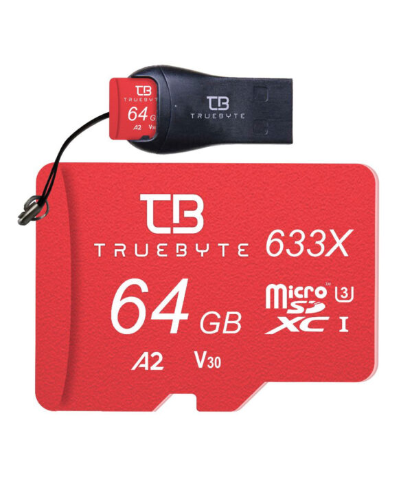 کارت حافظه microSD XC تروبایت مدل 633X-A2-V30 کلاس 10 استاندارد UHS-I U3 سرعت 95MBps ظرفیت 64 گیگابایت به همراه کارت‌خوان