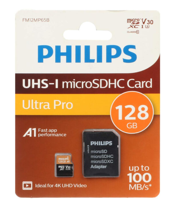 کارت حافظه MicroSDHC فیلیپس مدل Ultra pro کلاس 10 استاندارد UHS-I U3 سرعت 100MBps ظرفیت 128گیگابایت به همراه آداپتور