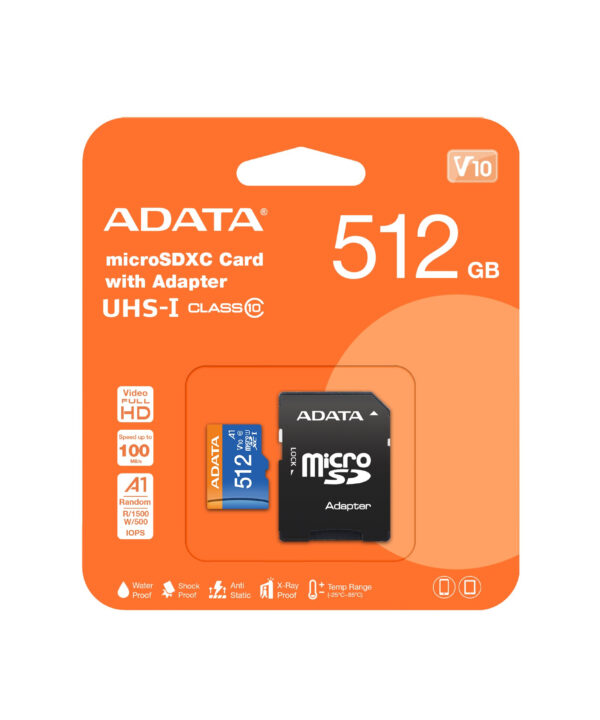 کارت حافظه‌ microSDXC ای دیتا مدل premier کلاس 10 استاندارد UHS-I U1 سرعت 100 MBps ظرفیت 512 گیگابایت به همراه آداپتور SD