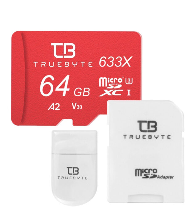 کارت حافظه microSDXC تروبایت مدل 633X-A2-V30 کلاس 10 استاندارد UHS-I U3 سرعت 95MBps ظرفیت 64 گیگابایت به همراه کارت‌خوان