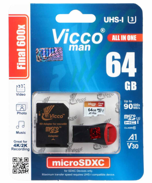 کارت حافظه microSDXC ویکو من مدل Final 600X کلاس 10 استاندارد UHS-I U3 سرعت 90MBps ظرفیت 64گیگابایت همراه با کارت خوان