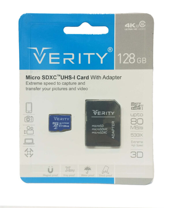 کارت حافظه microSDXC وریتی مدل 4K کلاس 10 استاندارد UHS-I U3 سرعت 80MBps ظرفیت 128 گیگابایت به همراه آداپتور SD