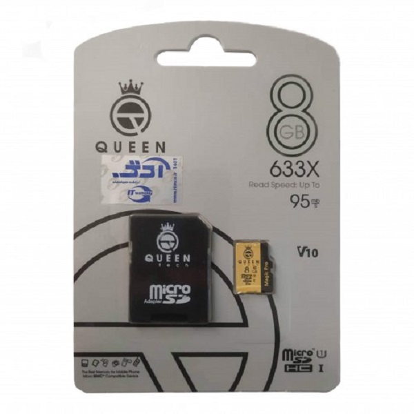 کارت حافظه Micro SD HC کوئین تک مدل A2-V30-633X کلاس 10 استاندارد UHS-l U3 سرعت 95MBps ظرفیت 8 گیگابایت به همراه آداپتور SD