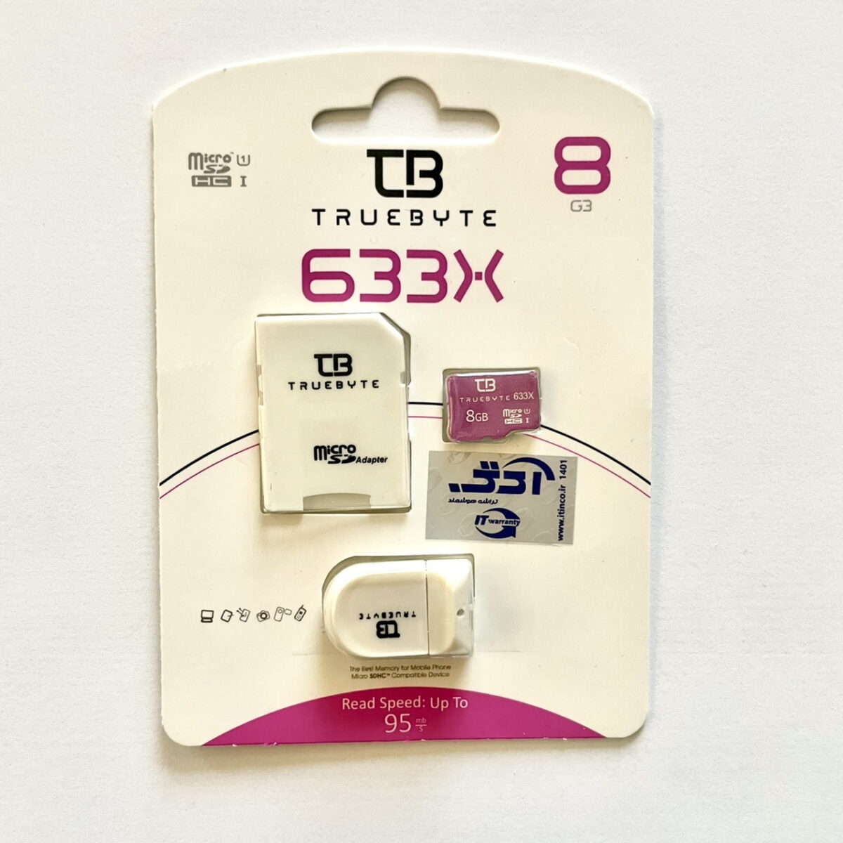 کارت حافظه microSDHC تروبایت مدل 633X کلاس 10 استاندارد UHS-I U1 سرعت 95MBps ظرفیت 8 گیگابایت به همراه آداپتور SD و کارت خوان