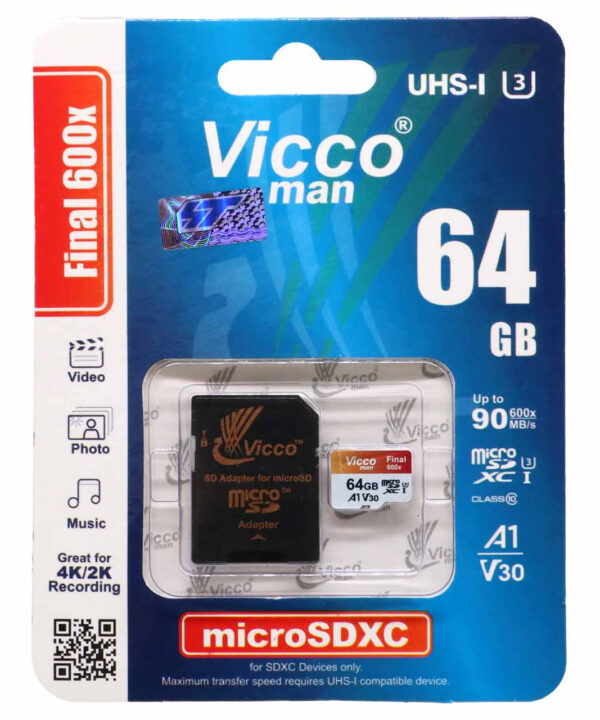 کارت حافظه microSDXC ویکومن مدل 600x plus کلاس 10 استاندارد UHS-I U3 A1 V30 سرعت 90MBs ظرفیت 64 گیگابایت به همراه آداپتور SD