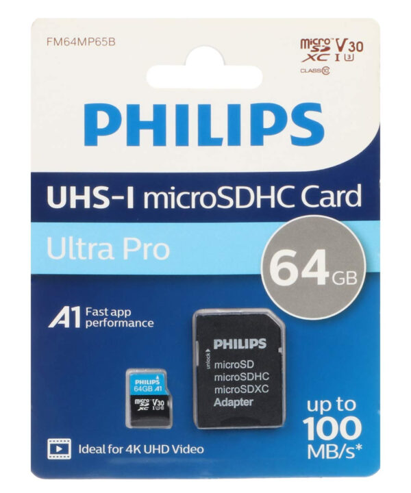 کارت حافظه MicroSDHC فیلیپس مدل Ultra pro کلاس 10 استاندارد UHS-I U3 سرعت 100MBps ظرفیت 64 گیگابایت به همراه آداپتور