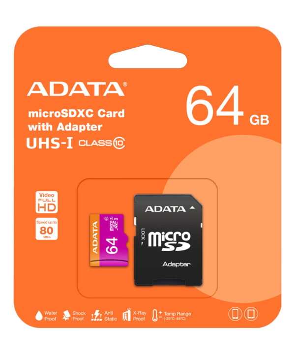 کارت حافظه‌ microSDXC ای دیتا مدل Premier کلاس 10 استاندارد UHS-I U1 سرعت 80MBps ظرفیت 64 گیگابایت به همراه آداپتور SD
