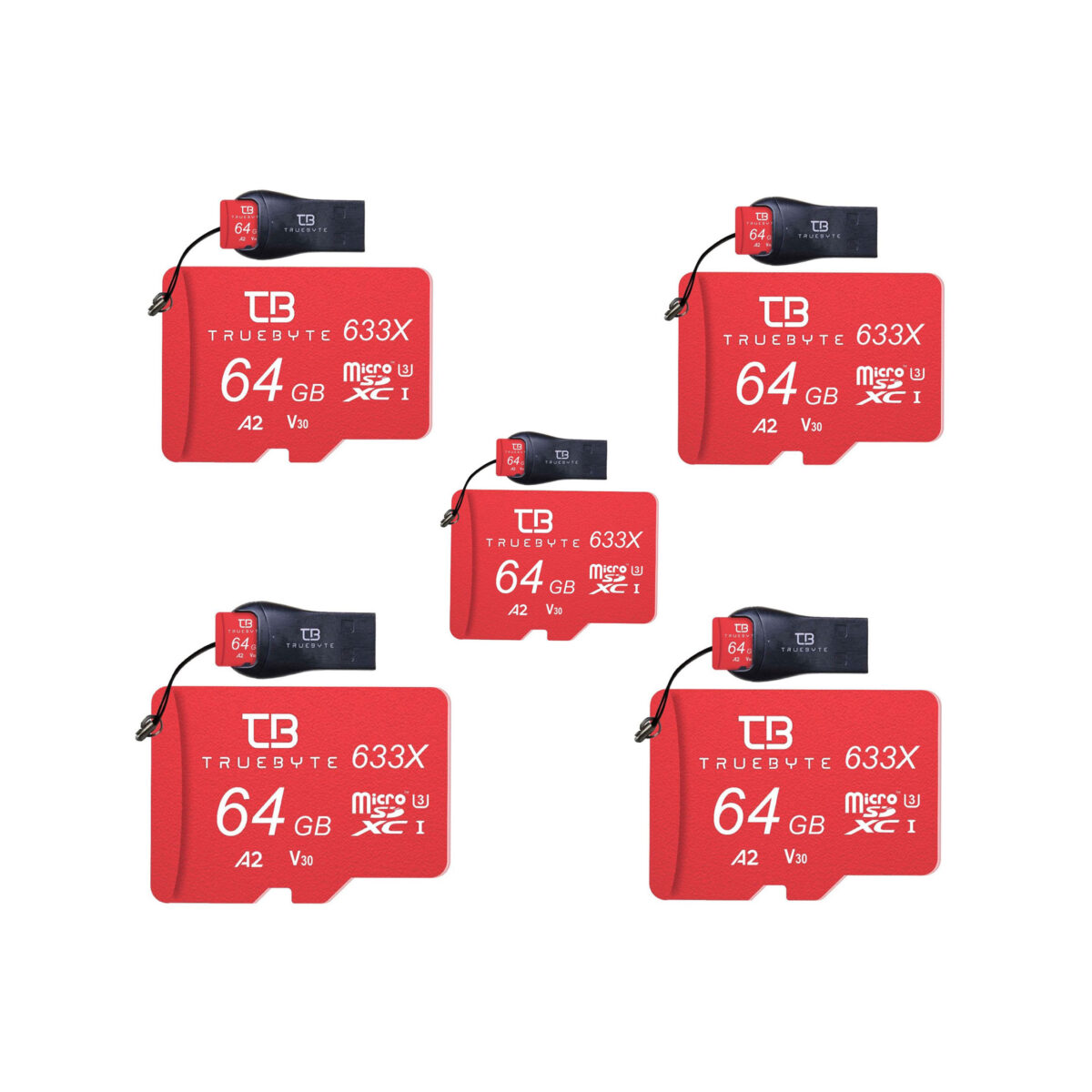 کارت حافظه microSD XC تروبایت مدل 633X-A2-V30 کلاس 10 استاندارد UHS-I U3 سرعت 95MBps ظرفیت 64 گیگابایت به همراه کارت خوان بسته 5 عددی