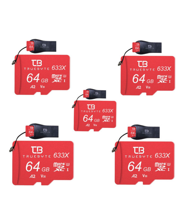 کارت حافظه microSD XC تروبایت مدل 633X-A2-V30 کلاس 10 استاندارد UHS-I U3 سرعت 95MBps ظرفیت 64 گیگابایت به همراه کارت خوان بسته 5 عددی