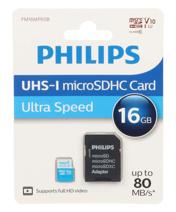 کارت حافظه‌ microSDHC فیلیپس مدل FM16MP65B کلاس 10 استاندارد U1 ظرفیت 16 گیگابایت به همراه آداپتور