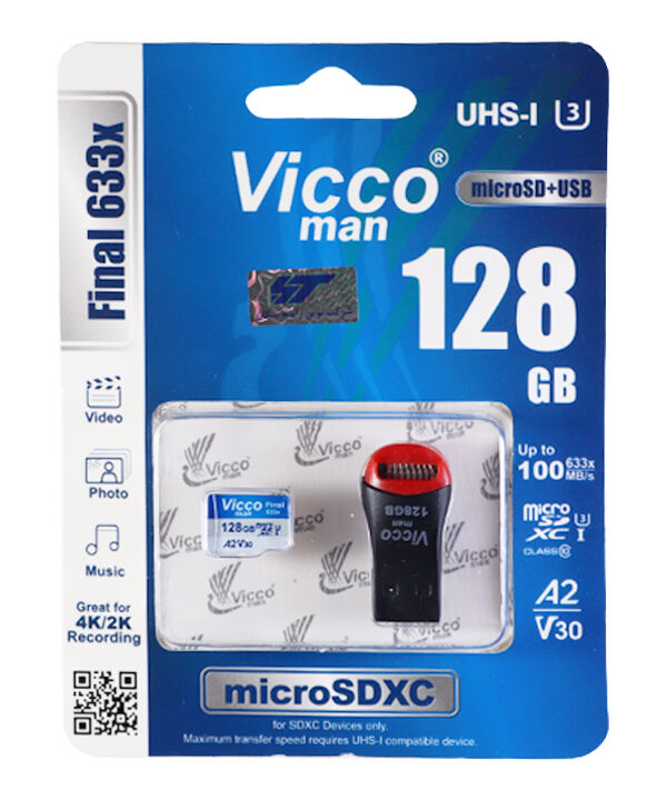 کارت حافظه microSDXC ویکومن مدل Final 633x کلاس 10 استاندارد UHS-I U3 A2 V30 سرعت 100MBs ظرفیت 128 گیگابایت به همراه مبدل میکرو به USB