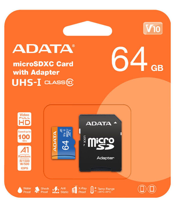 کارت حافظه microSDXC ای دیتا مدل Premier کلاس 10 استاندارد UHS-I V10 A1سرعت 100MBps ظرفیت 64 گیگابایت به همراه آداپتور