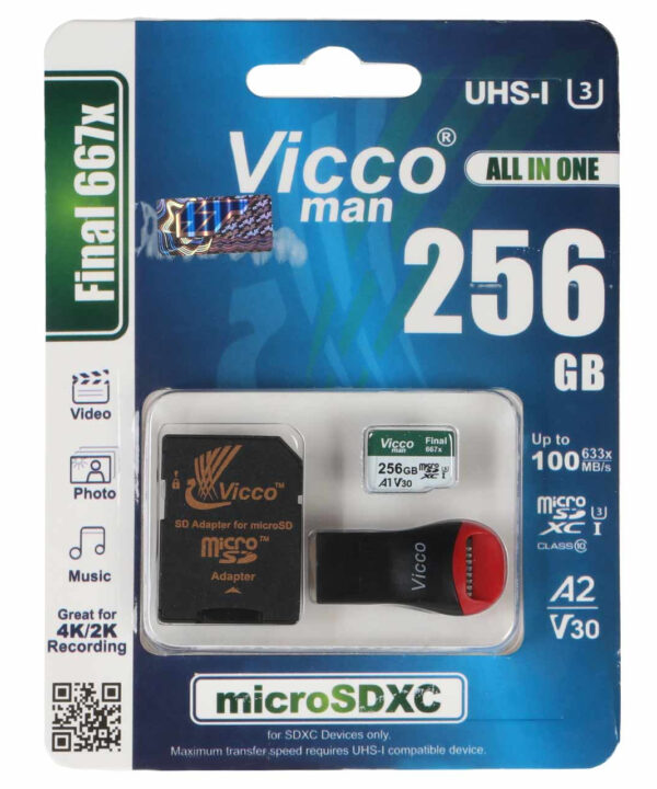کارت حافظه microSDXC ویکومن مدل Final 667X کلاس 10 استاندارد UHS-I U3 سرعت 90MBps ظرفیت 256 گیگابایت به همراه کارت خوان و خشاب