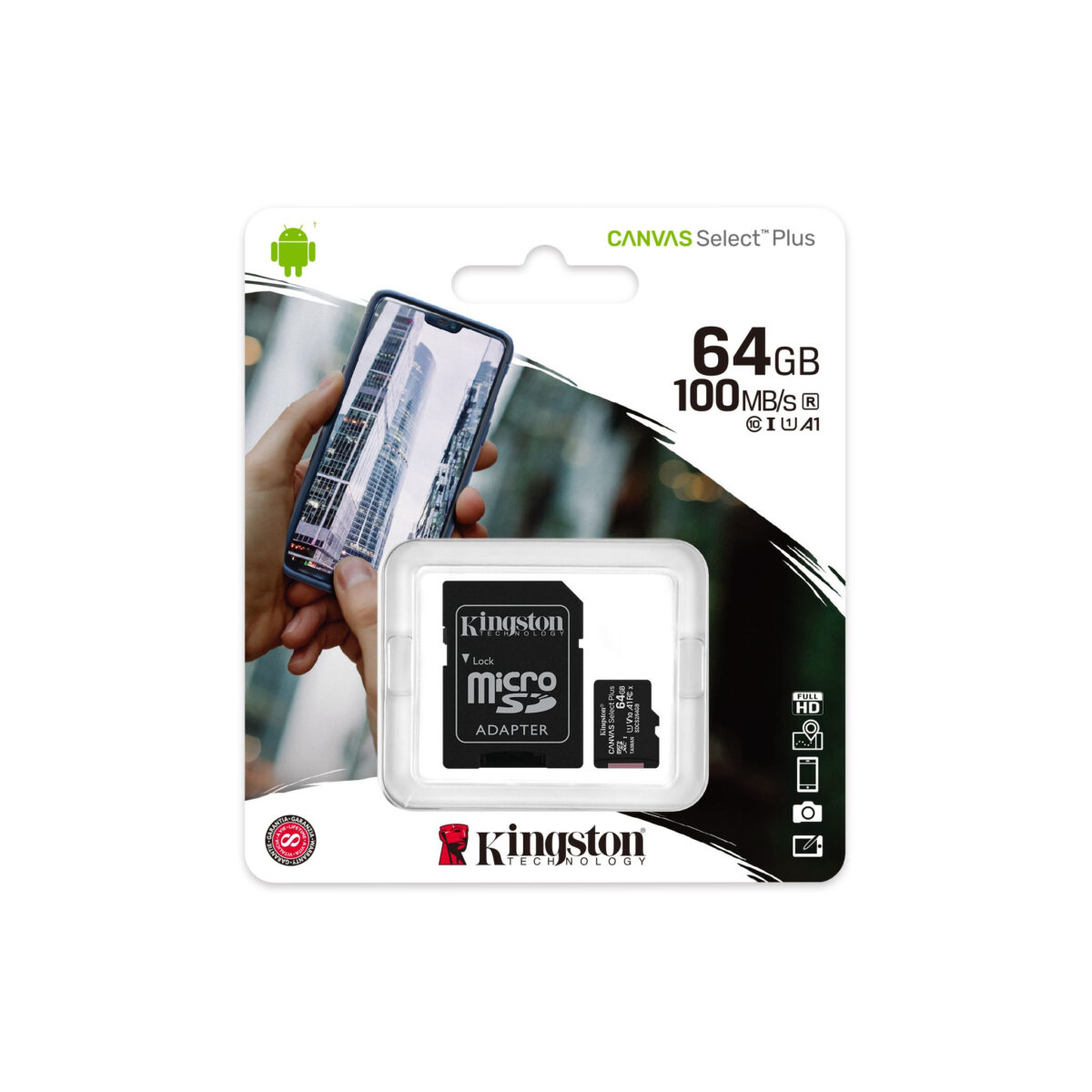 کارت حافظه microSDXC کینگستون مدل CANVAS کلاس 10 استاندارد UHS-I U1 سرعت 100MBps ظرفیت 64 گیگابایت به همراه آداپتور SD